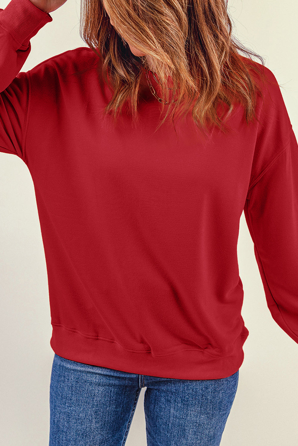 Feuriges rotes, einfarbiges Pullover-Sweatshirt mit Rundhalsausschnitt