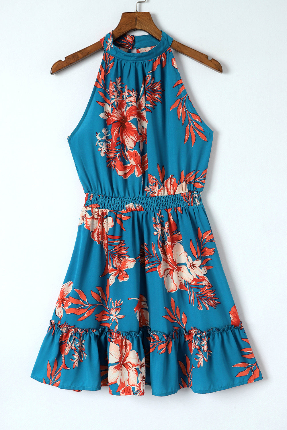 Nebesno modra mini obleka z naborki brez rokavov s cvetličnim vzorcem