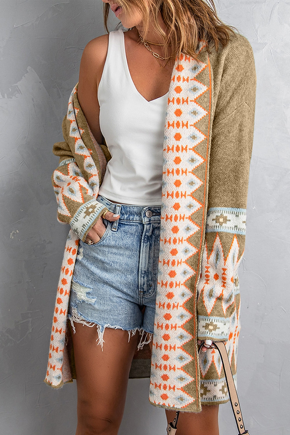 Orange Printed Aztec Print Open Front Knitted Cardigan