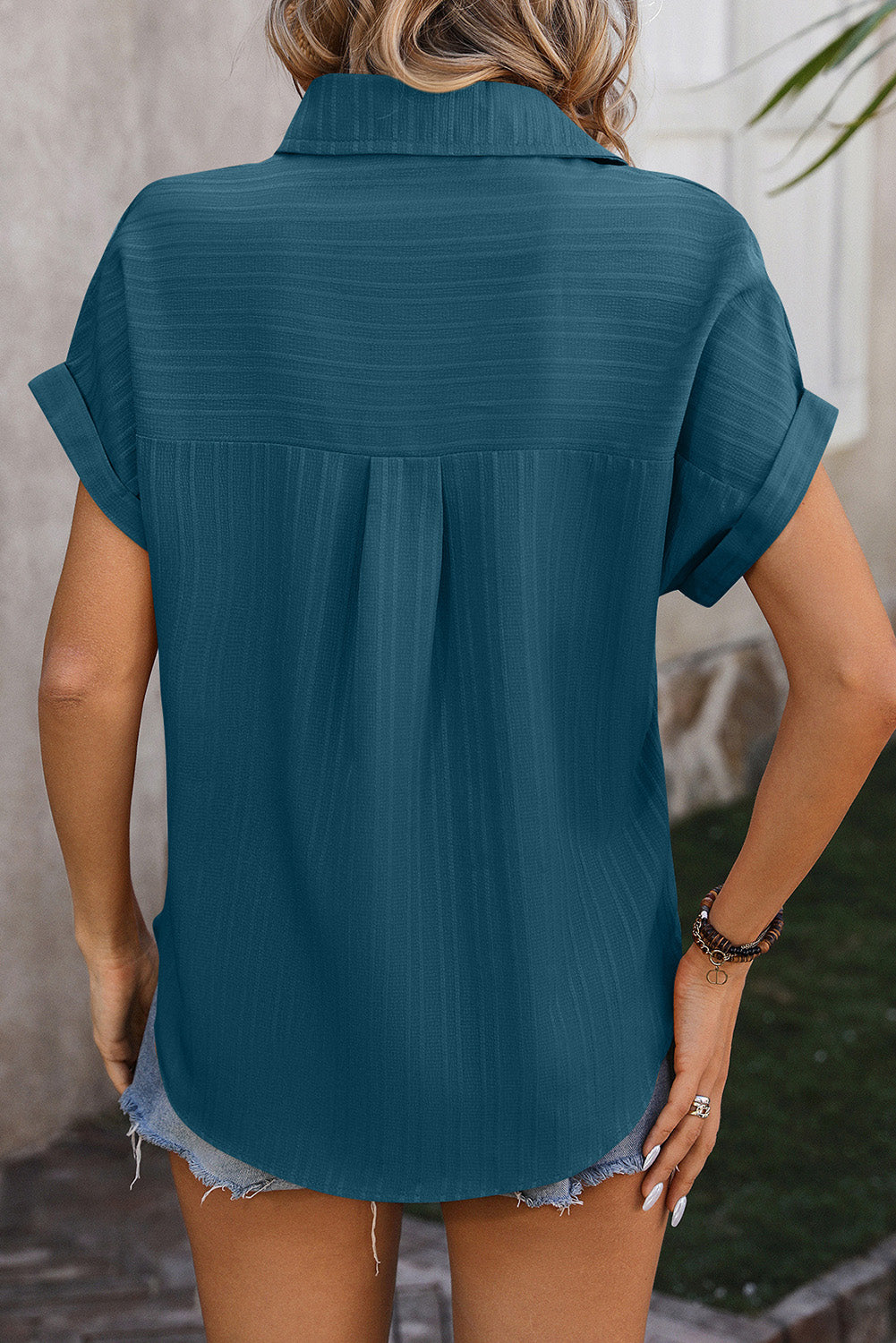 Real Teal Striped Texture Cuffed Short Sleeve Shirt
