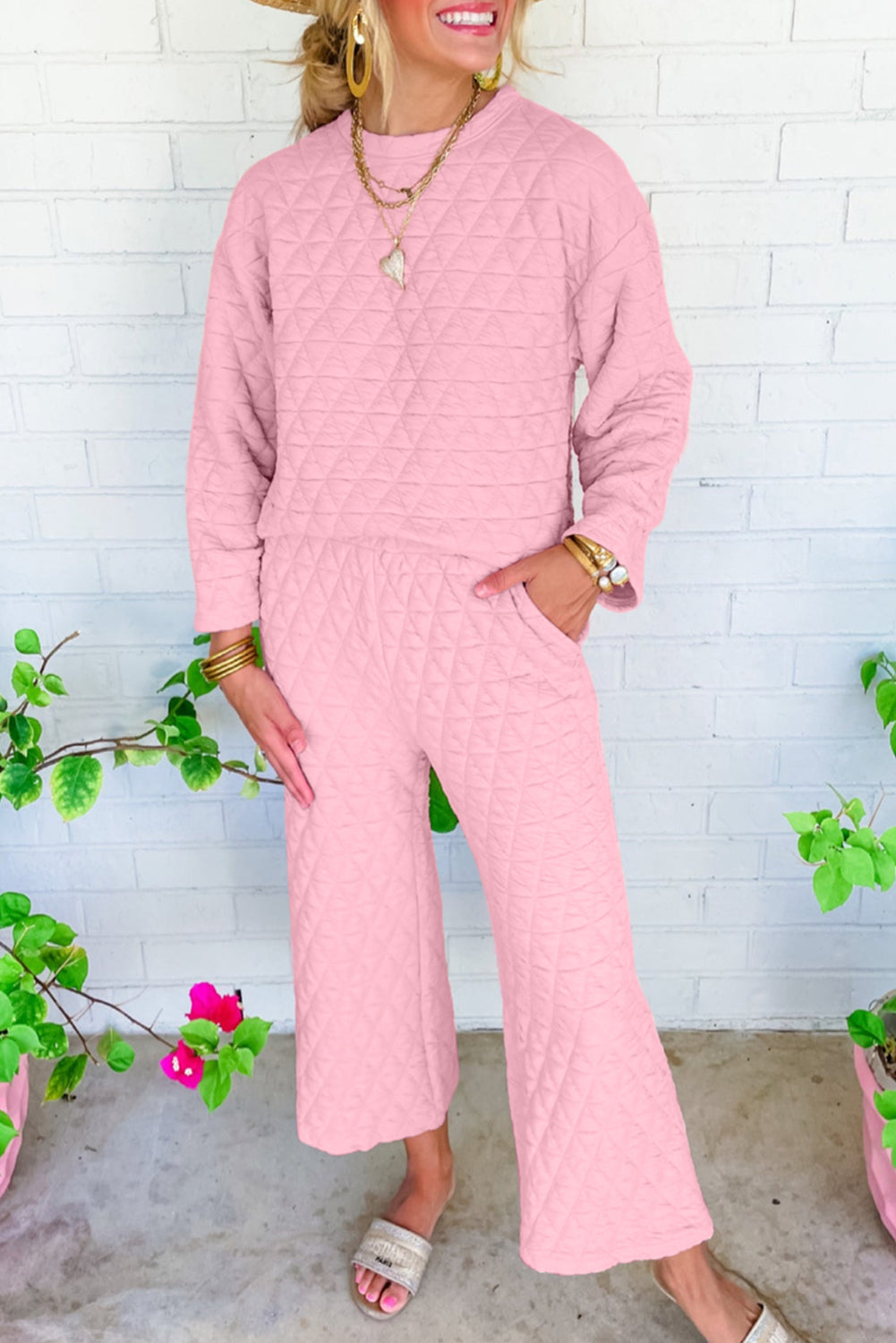 Pink Solid Quilted Pullover and Pants Outfit