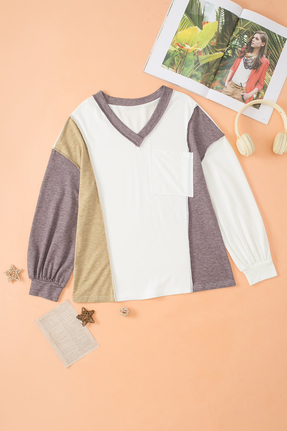 White Colorblock Patchwork Exposed Seam Knit Top