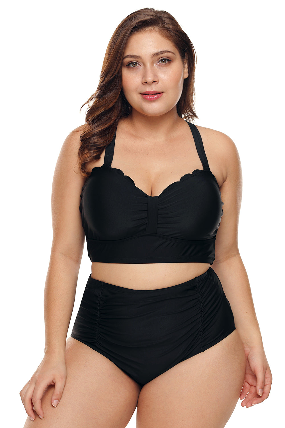 Schwarzer Bikini-Badeanzug mit hoher Taille und Wellendetail in Übergröße
