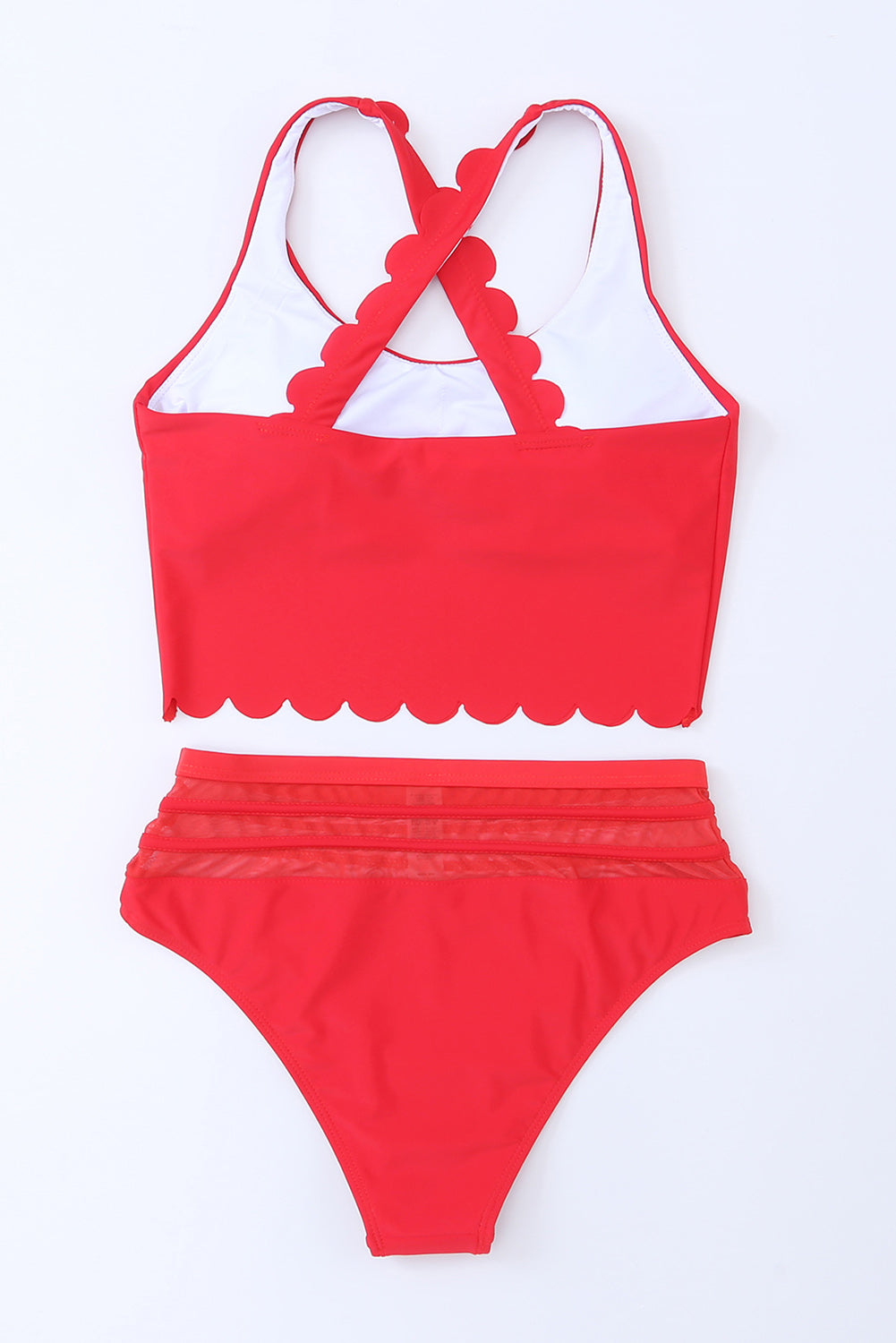 Bikini taille haute croisé festonné rouge ardent