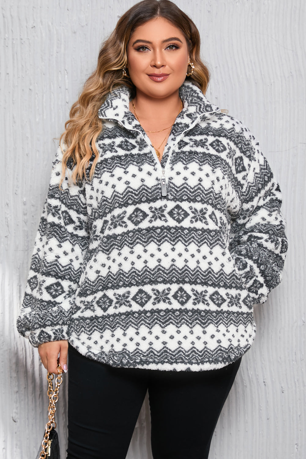 Pullover Plus Size con zip a un quarto con stampa geometrica Sherpa bianca