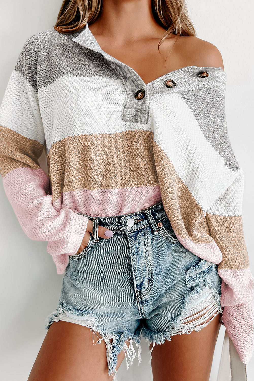 Večbarvni ohlapni pleteni pulover Henley z barvnimi bloki