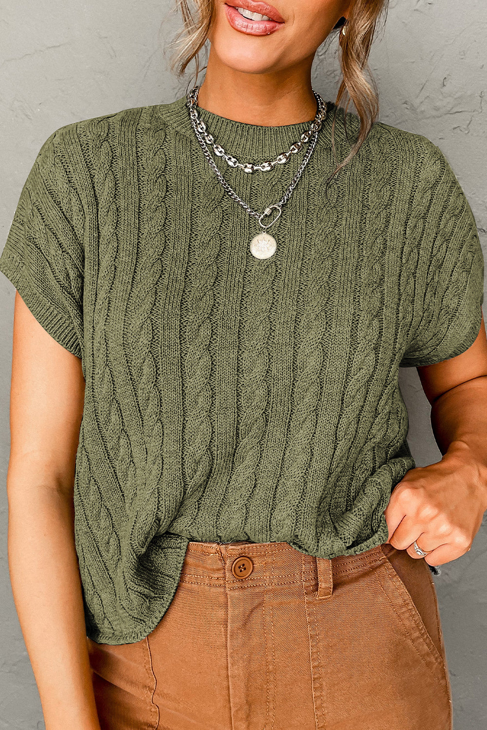Jungle Green pleten pulover s kratkimi rokavi z okroglim izrezom