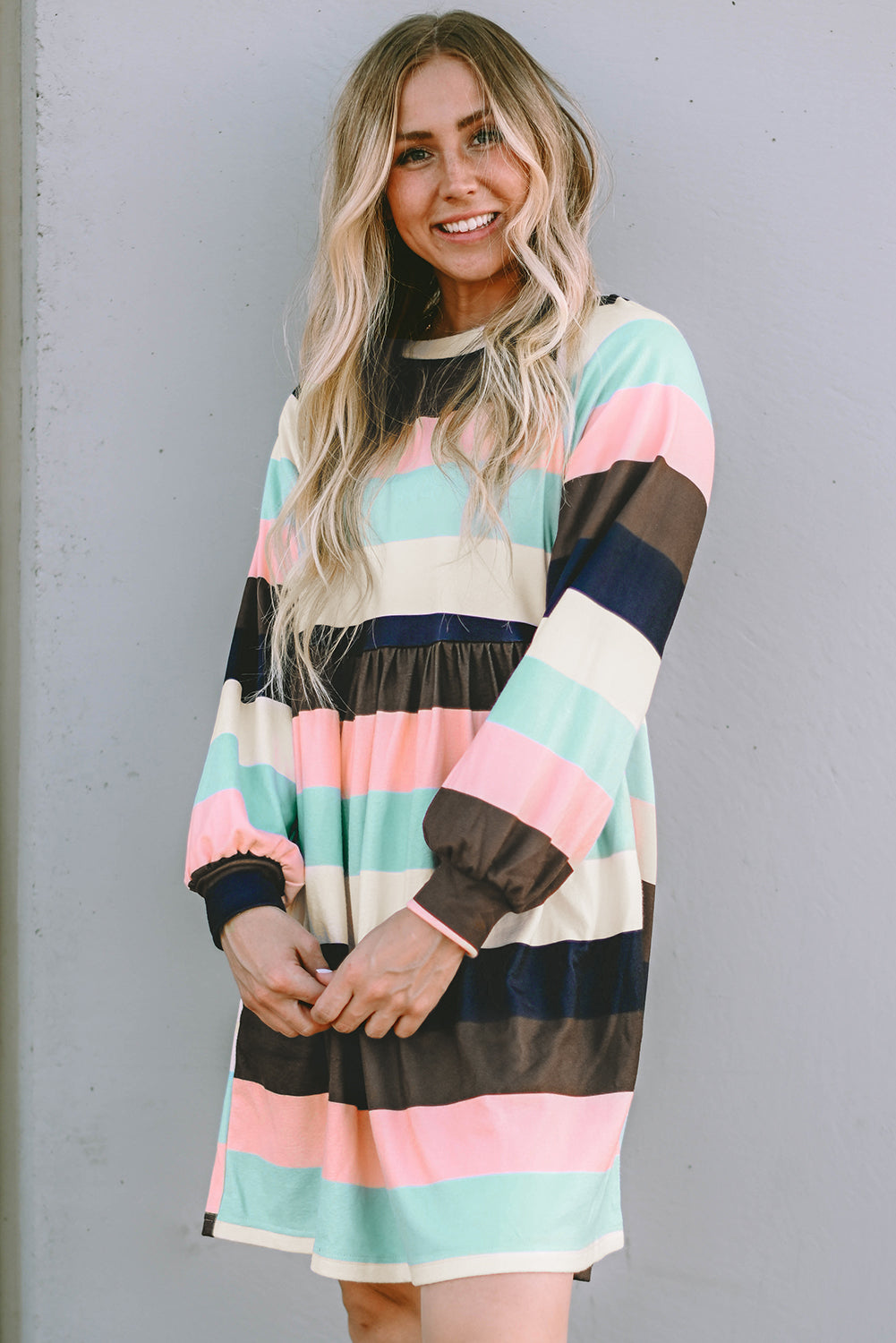 Multicolor Striped Color Block Long Sleeve Mini Dress