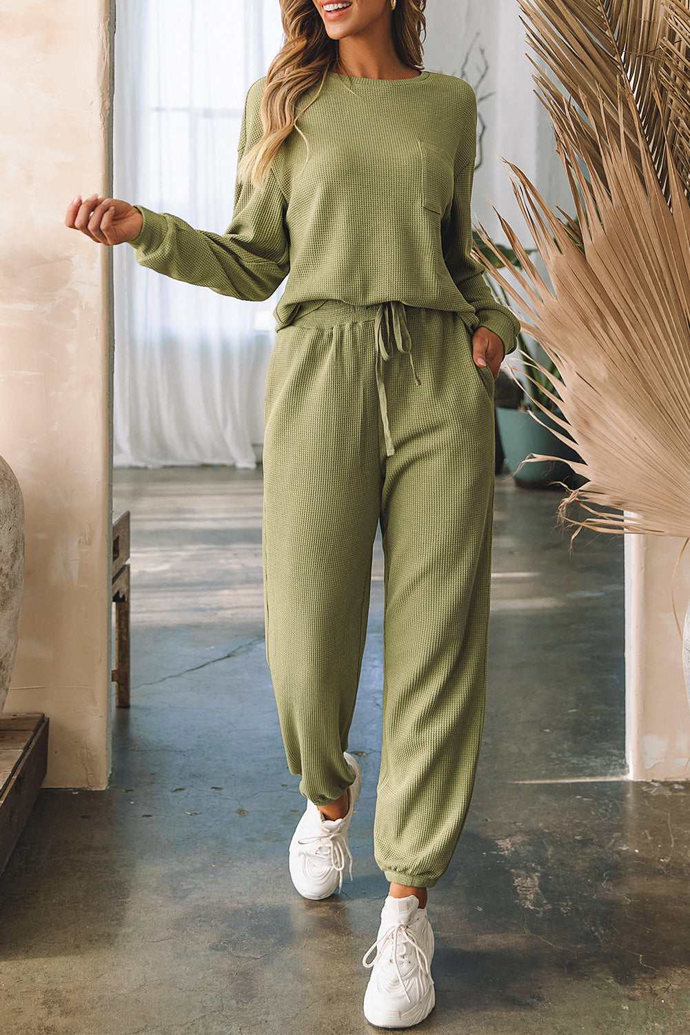 Set da jogging Laurel Green Waffle Knit a maniche lunghe con coulisse