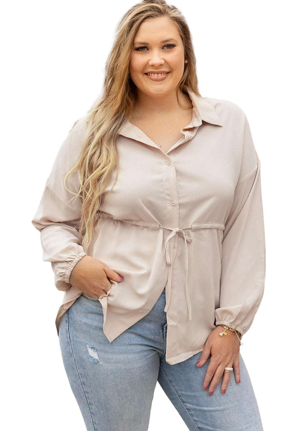 Light French Beige Plus Size Puff Sleeve Tied Tunic Shirt