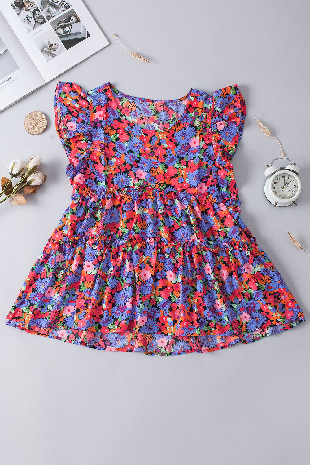 Multicolor Floral Print Ruffle Tiered Short Sleeve Babydoll Top