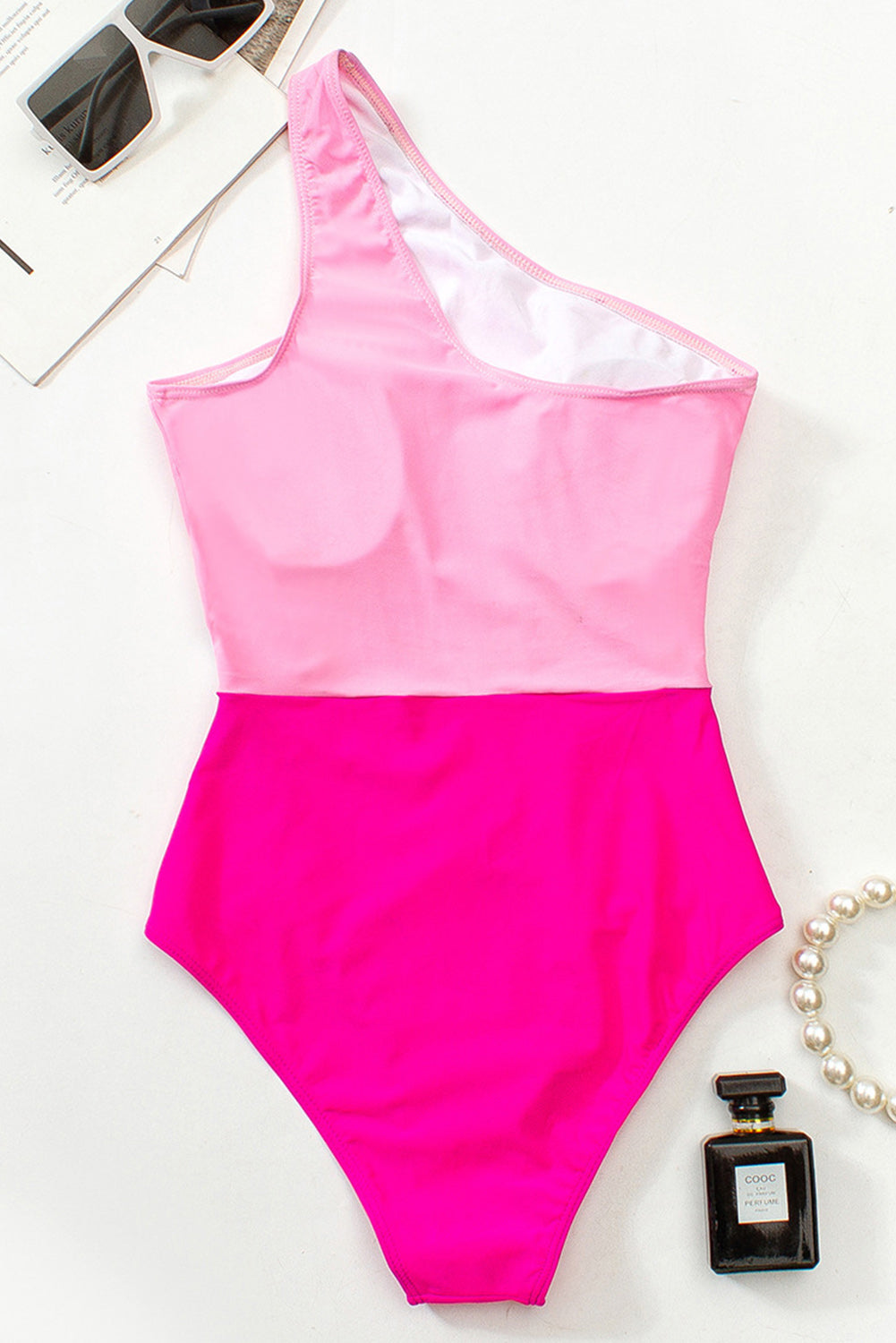 Rose Red Colorblock Patchwork One Shoulder One Piece Swimwear