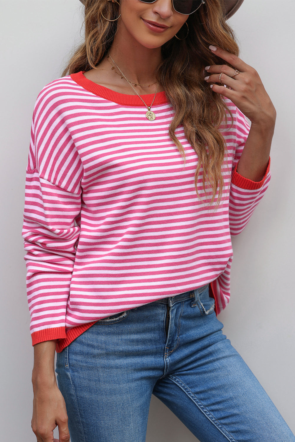 Pink Contrast Trimmed Striped Drop Shoulder Sweater