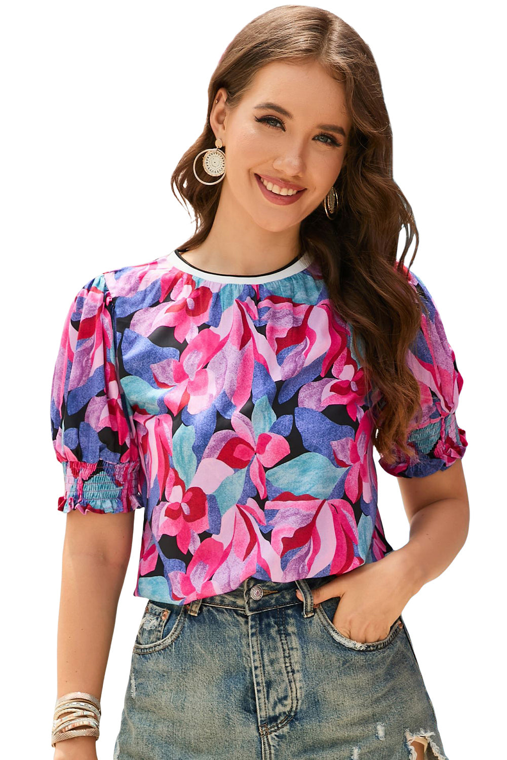 Fiery Red Floral Print Shirred Puff Sleeve Blouse