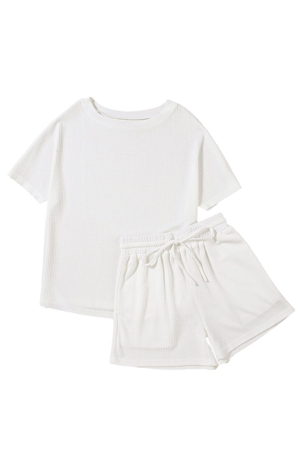 Weißes, lässiges Set aus strukturiertem T-Shirt und Shorts mit Kordelzug