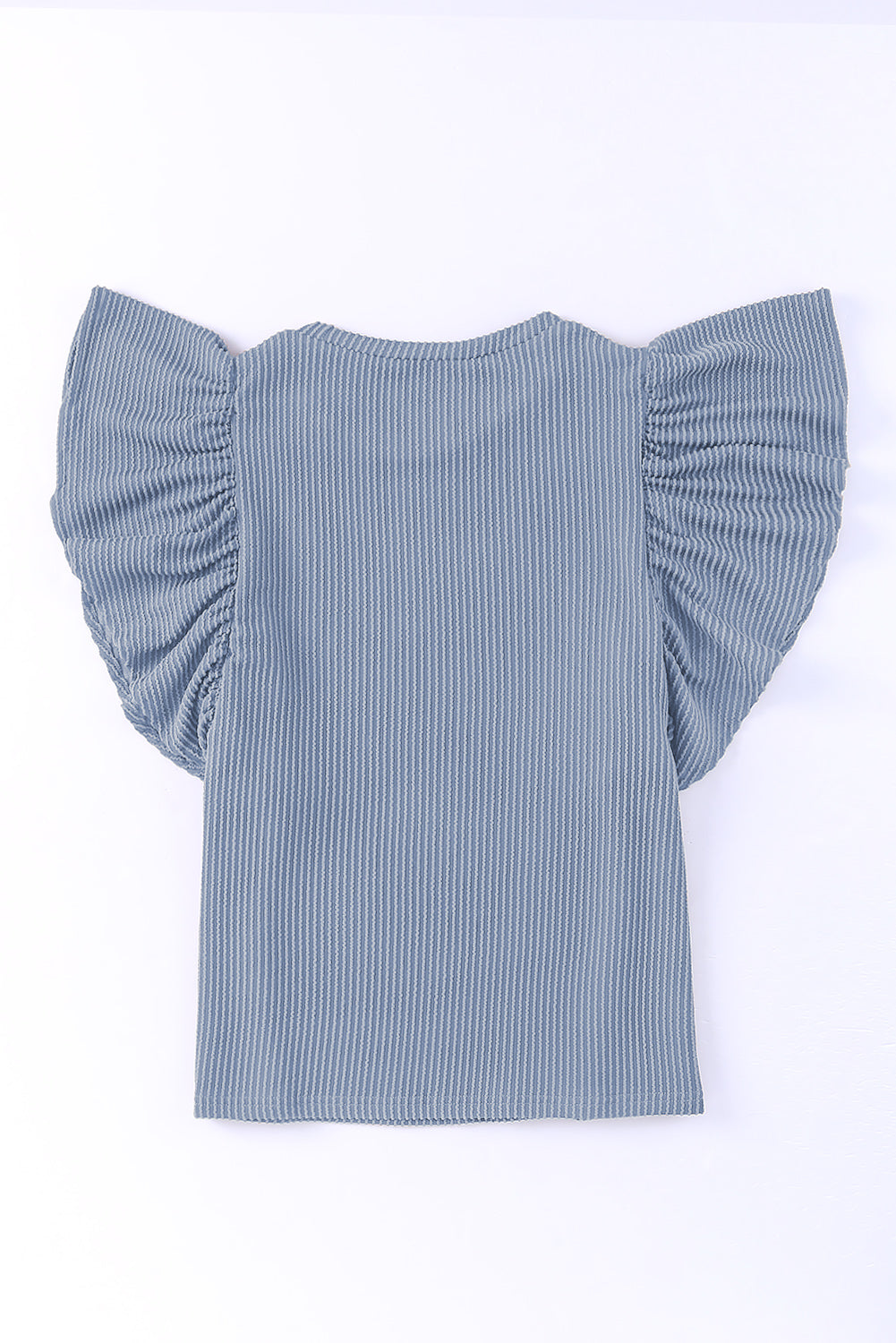 Himmelblaues, kurzärmliges, geripptes Strick-T-Shirt mit Rüschen