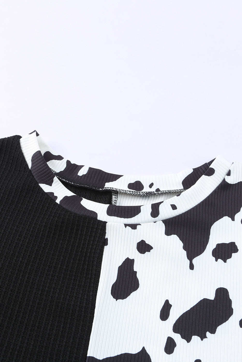 Black Cow Patchwork Waffle Knit Long Sleeve Top