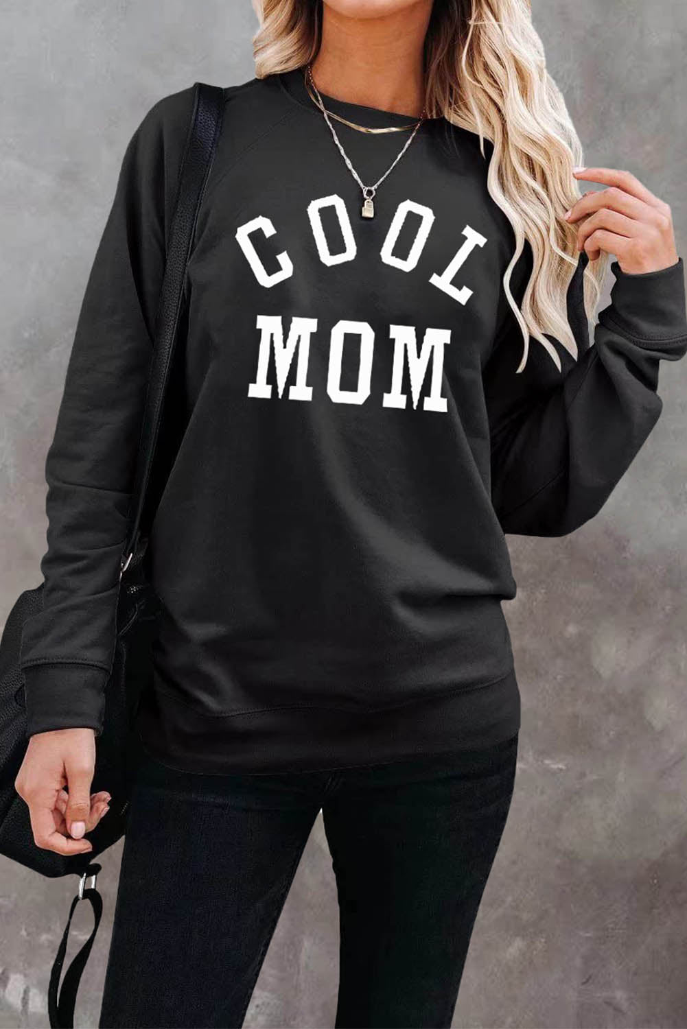 Black COOL MOM Print Crewneck Pullover Sweatshirt