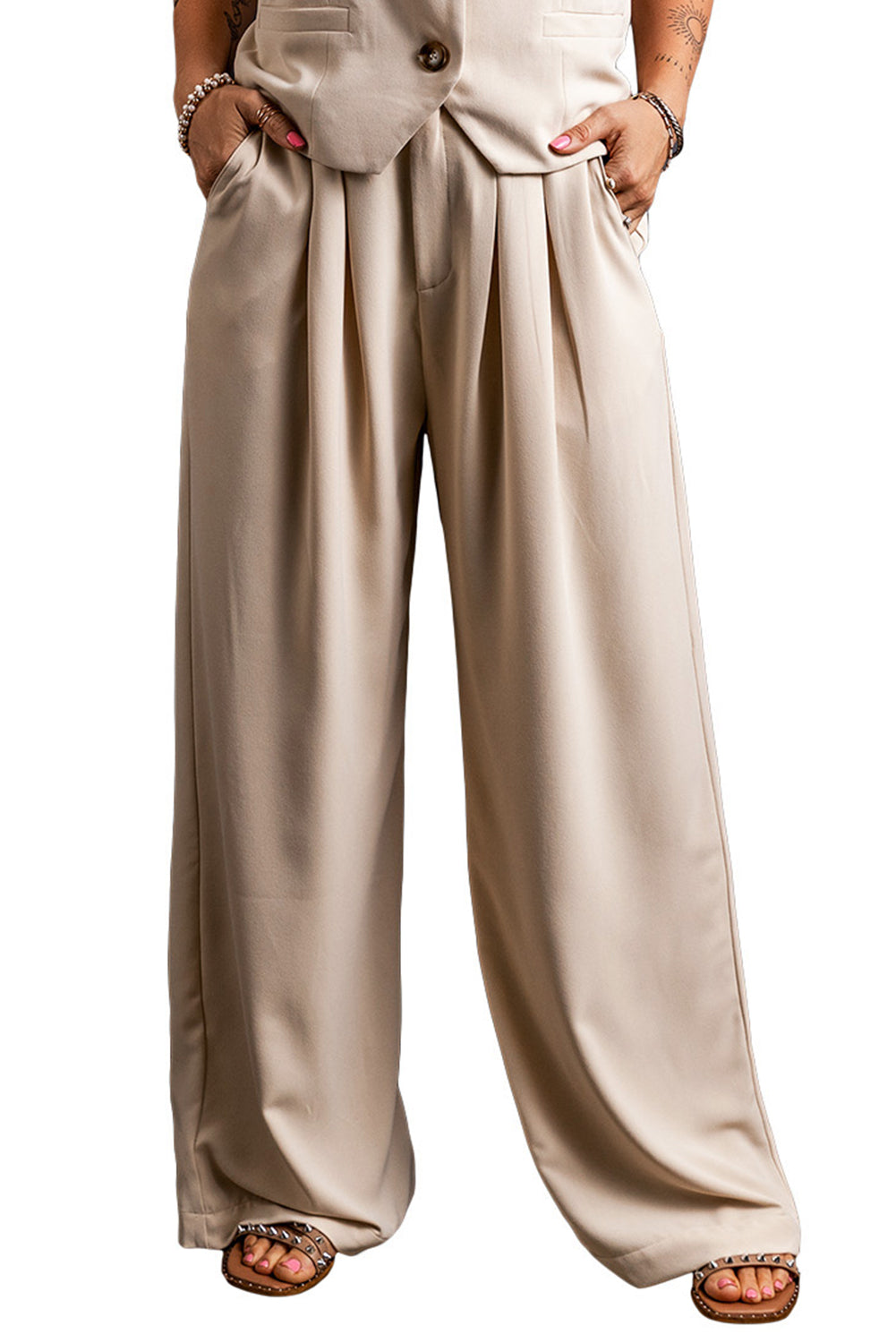 Pantaloni a gamba larga pieghettati in vita elastica color albicocca