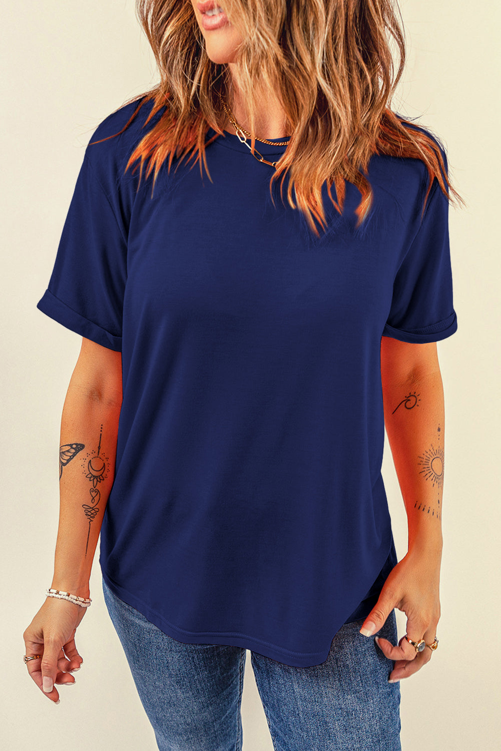 Plava ležerna obična majica s okruglim izrezom