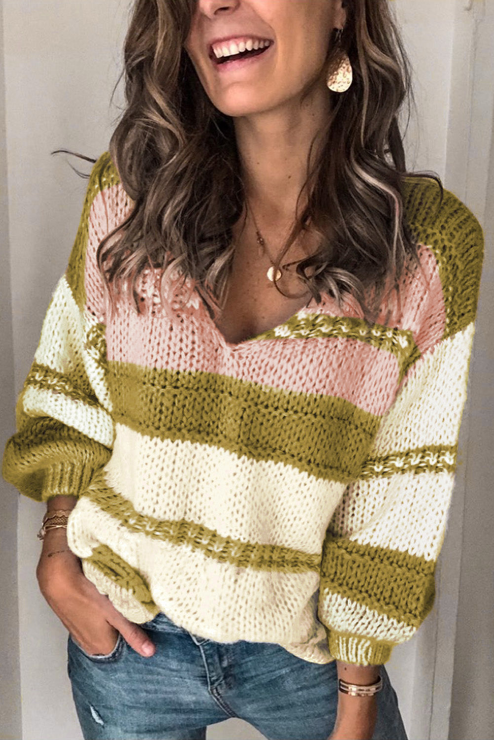 V-neck Knitted Lantern Sleeve Pullover Sweater