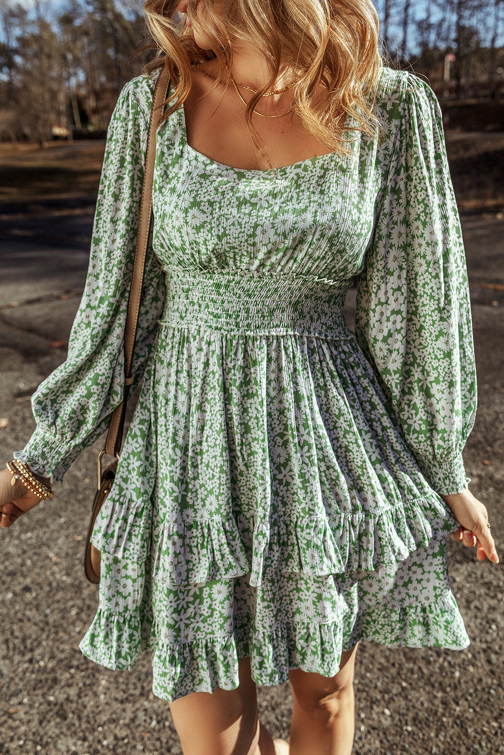 Green Floral Print Square Neck Shirred Waist Tiered Ruffled Mini Dress