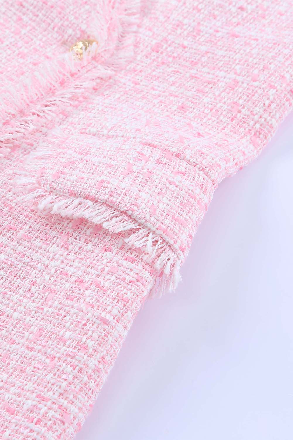 Rožnata obleka brez rokavov iz tvida z dvojnim zapenjanjem in polomljenim robom