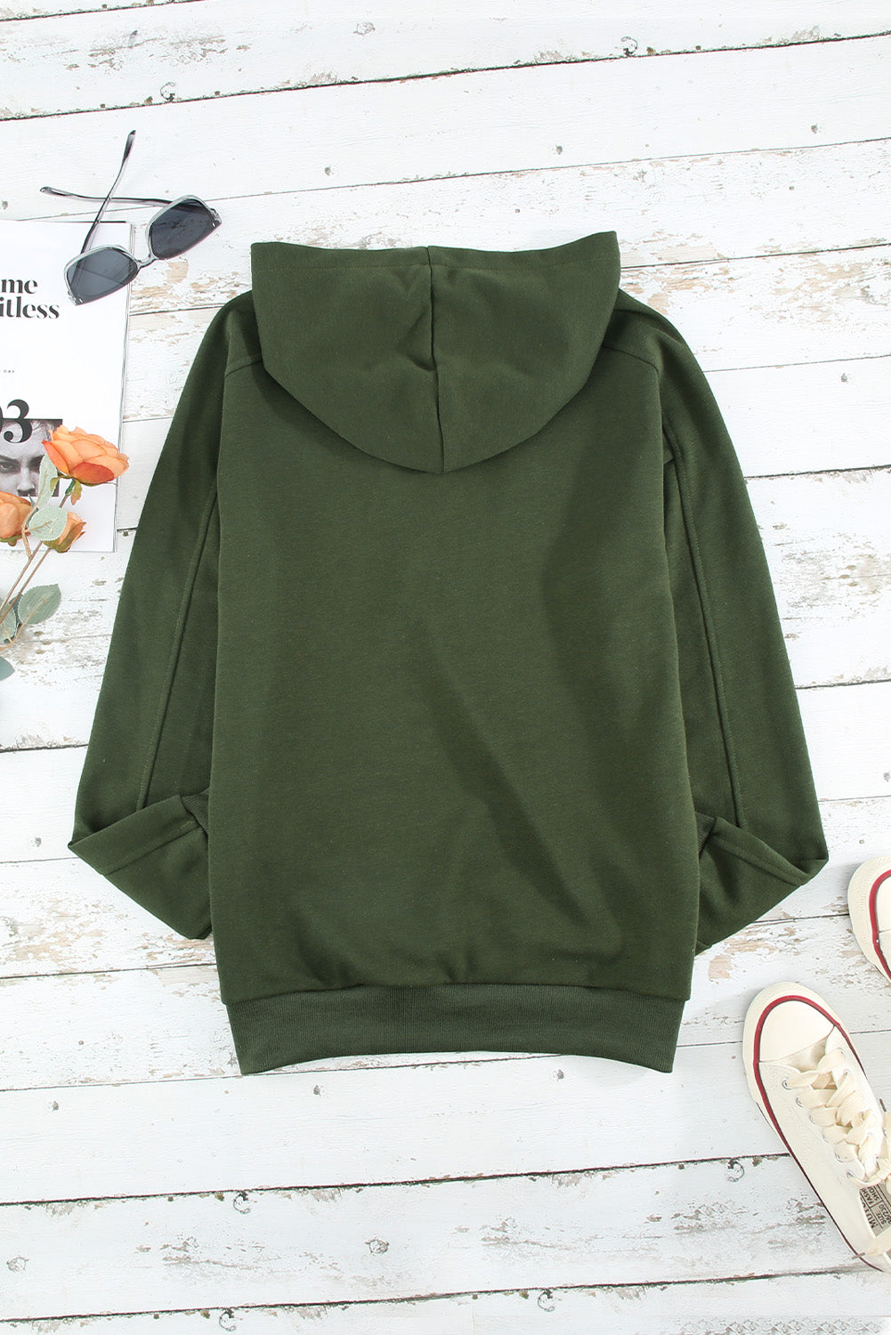 Green Casual Solid Color Lace-up Hoodie