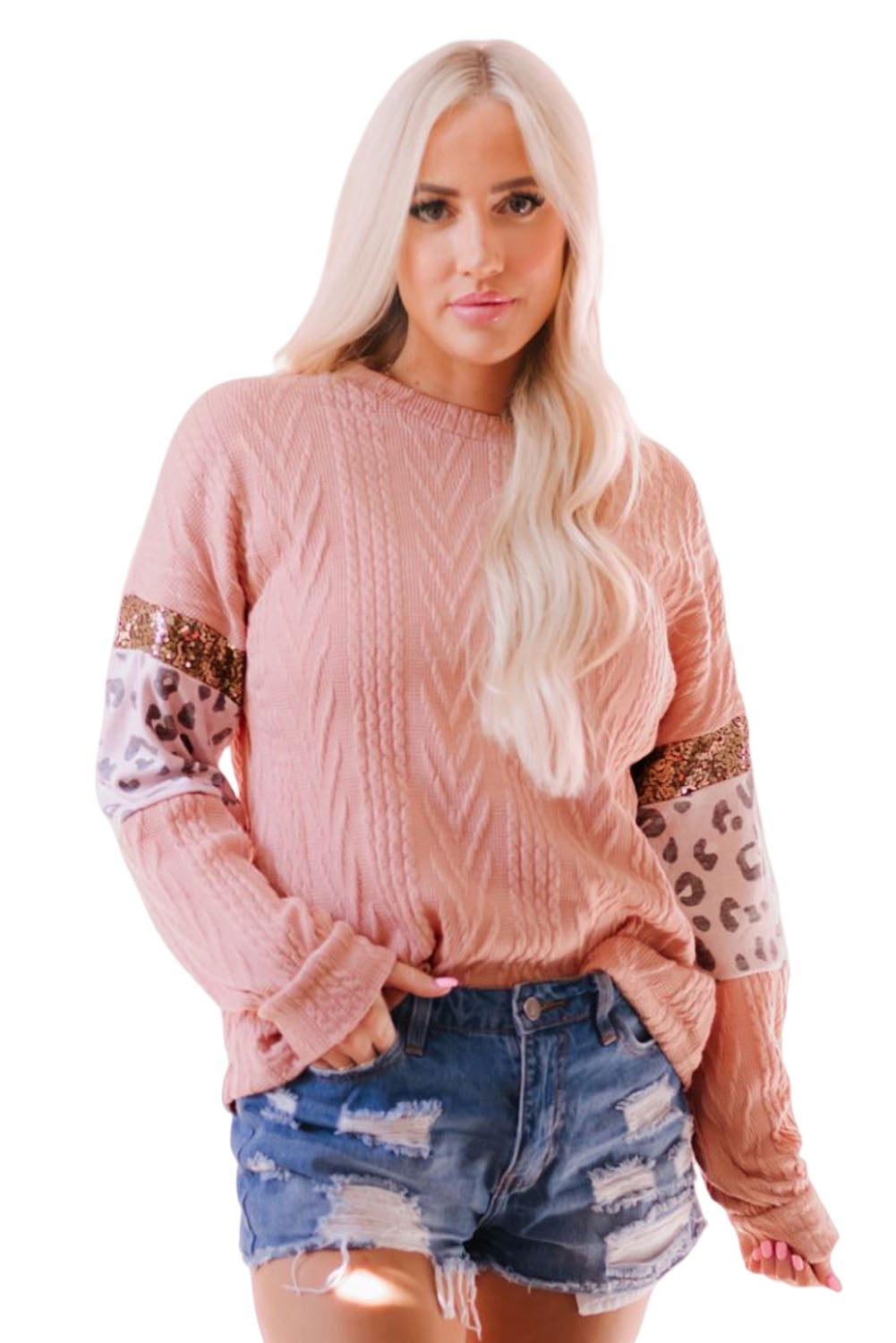 Rožnata pletena majica z leopardjimi rokavi in ​​teksturiranimi bleščicami
