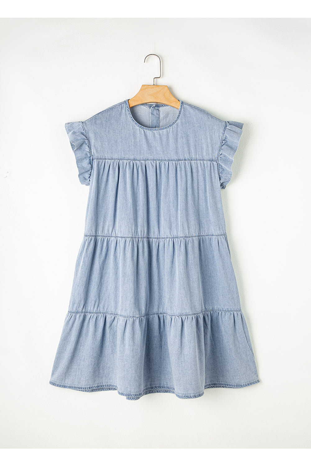Beau Blue Ruffle Short Sleeve Tiered A-line Denim Dress
