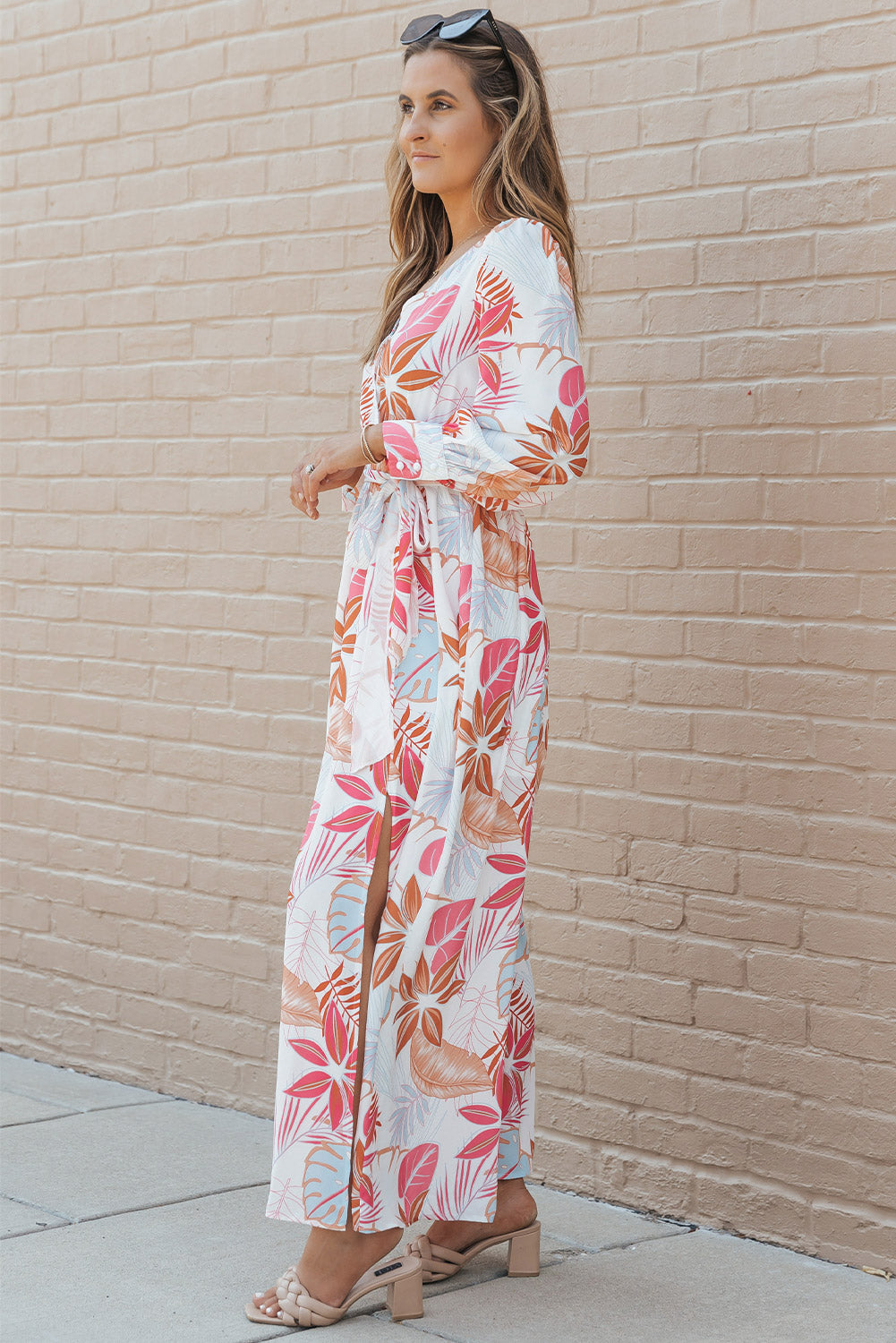 Tropical Plant Print Long Sleeve Wrap V-Neck Slit Maxi Dress
