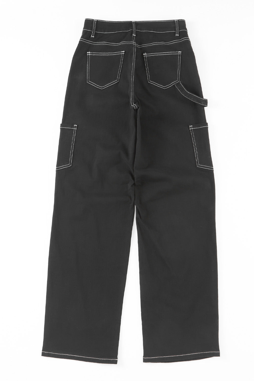 Črne ravne kargo hlače z visokim pasom in žepi