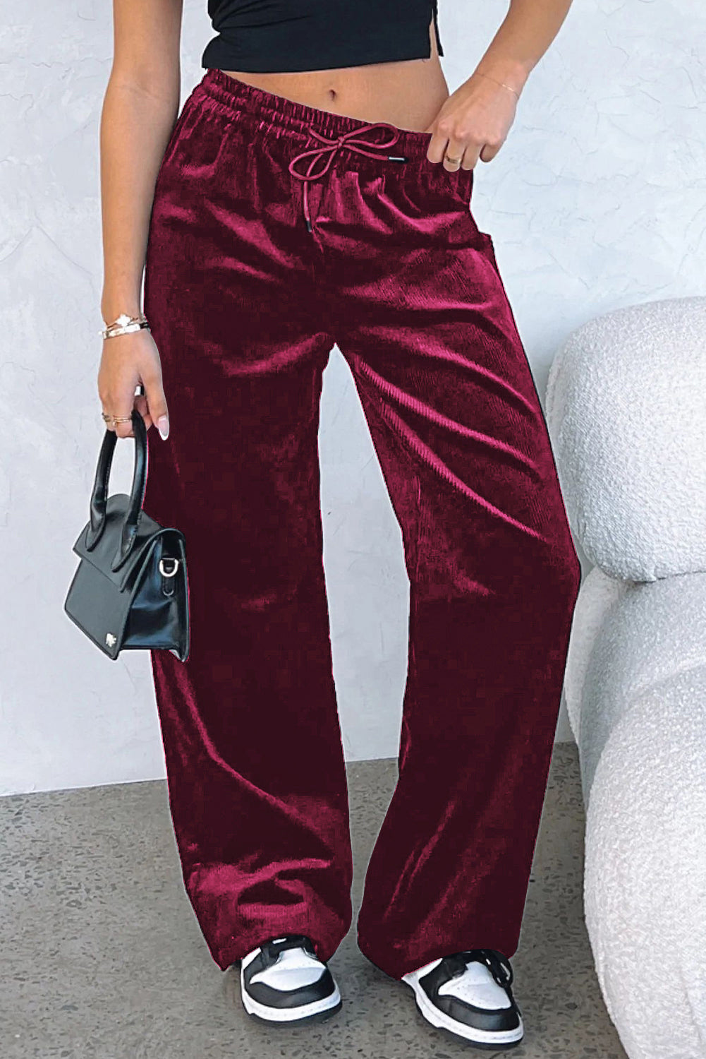 Pantalon large bordeaux uni à taille avec cordon de serrage