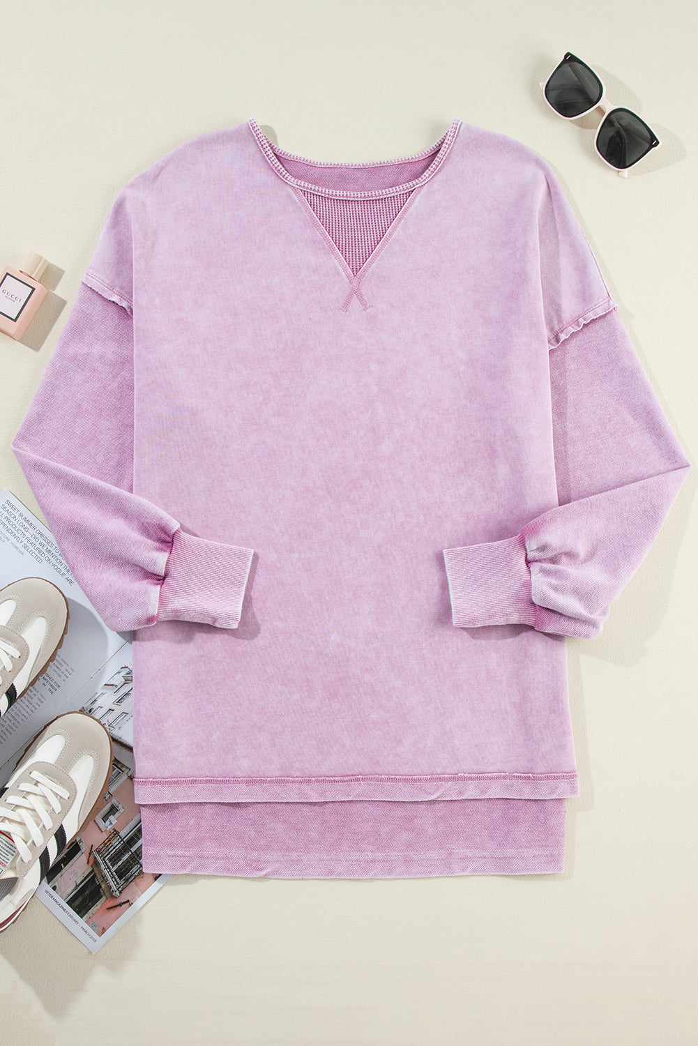 Felpa pullover con spalla abbassata lavaggio minerale rosa fragola