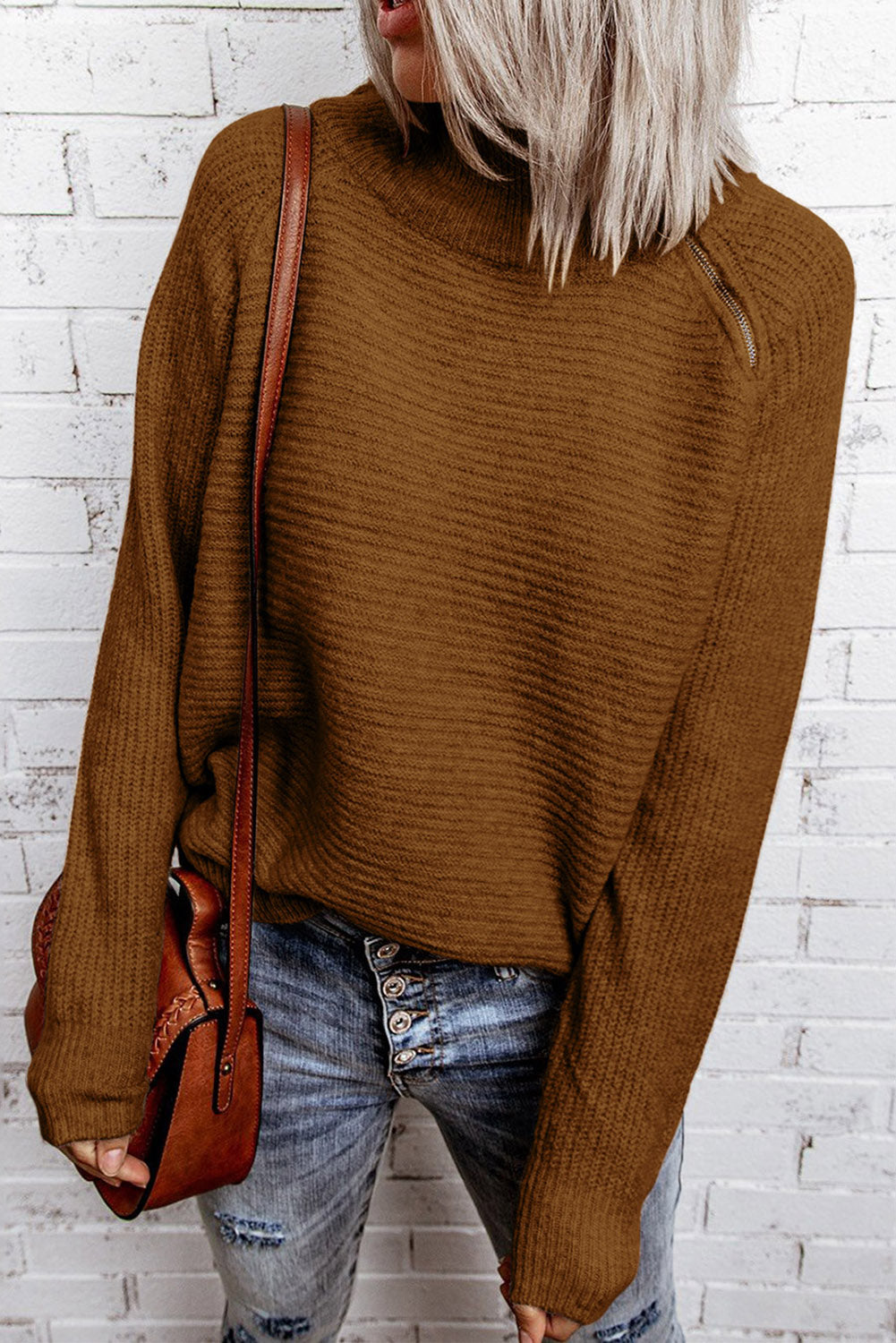 Brown Zip Knitted High Neck Sweater