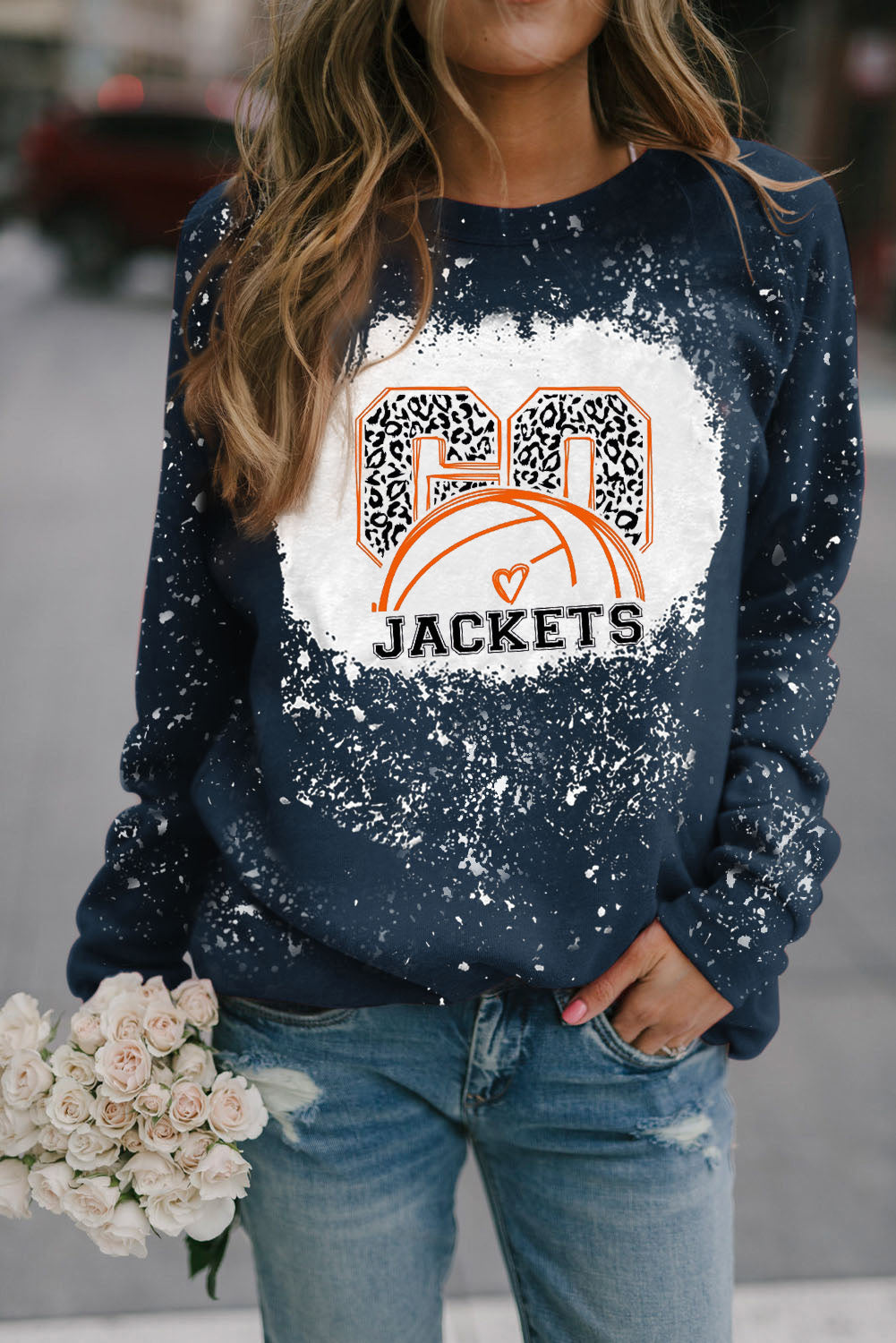 Blaues GO JACKETS Langarm-Sweatshirt mit Leoparden-Grafikdruck