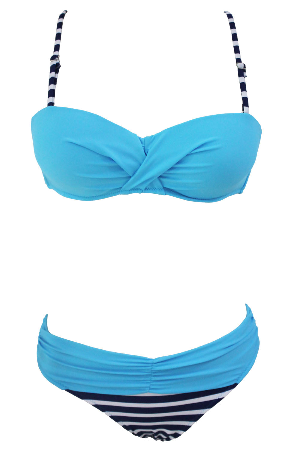 Gestreiftes, blaues, gepolstertes Push-up-Bikini-Set mit Raffung