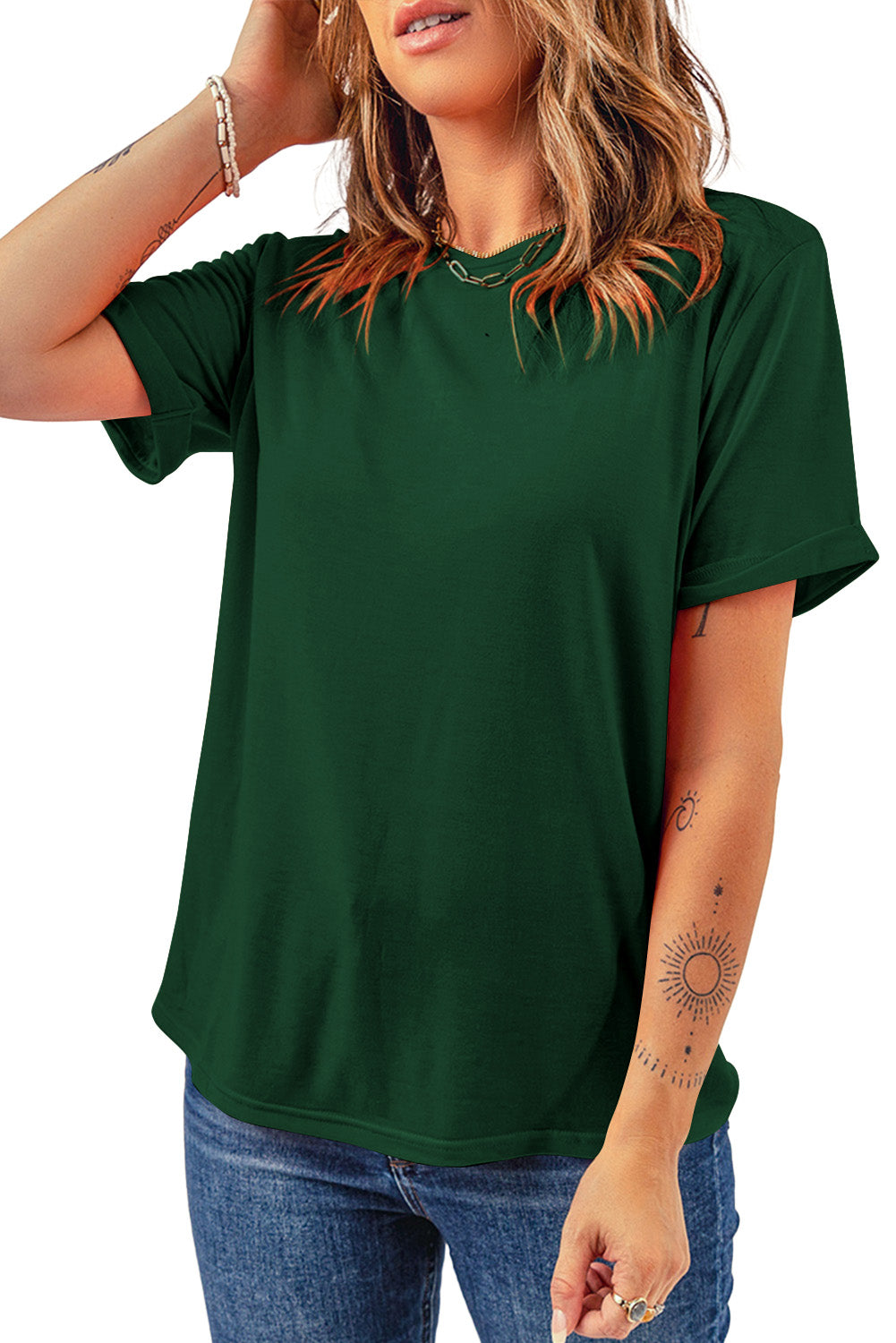 Rosarotes, lässiges, schlichtes T-Shirt mit Rundhalsausschnitt