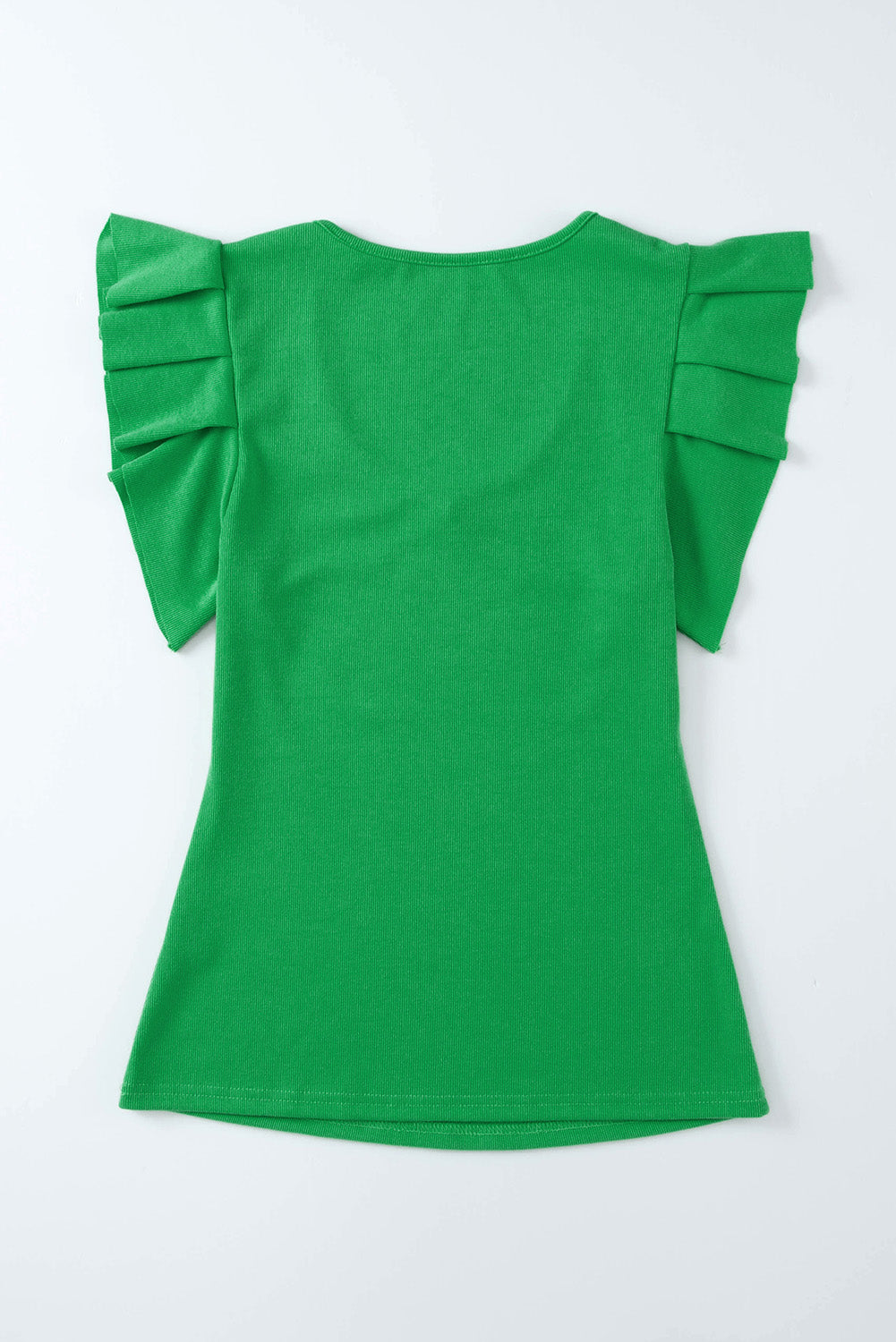 Zelena majica z U izrezom in pletenimi rokavi z naborki