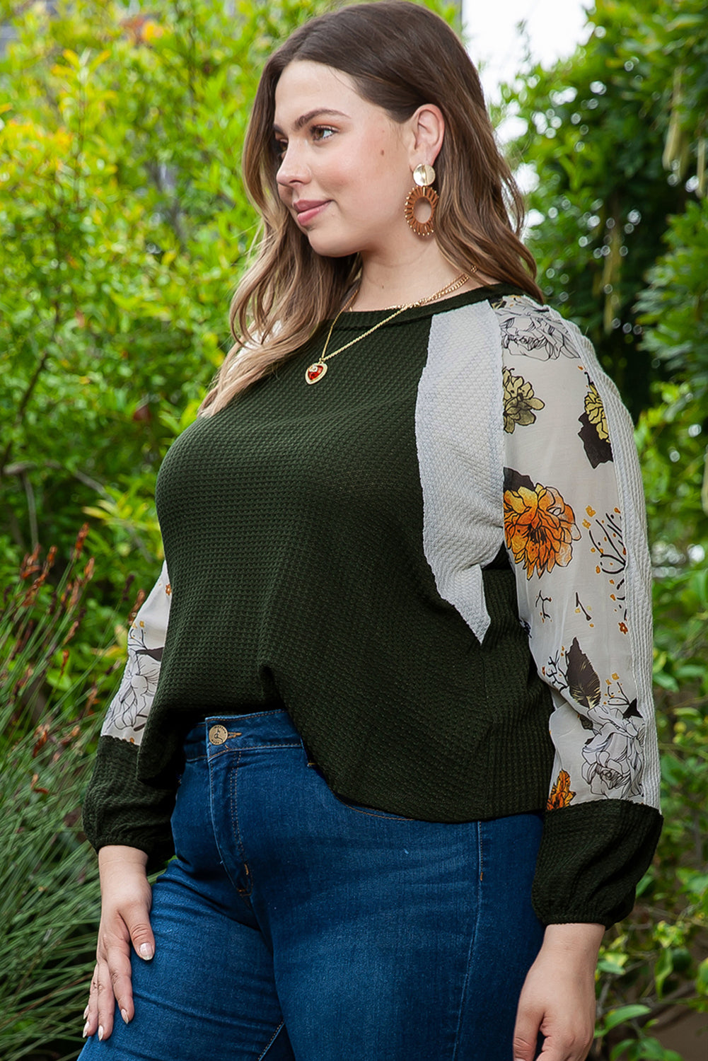 Zelena cvjetna raglan patchwork bluza veće veličine u boji