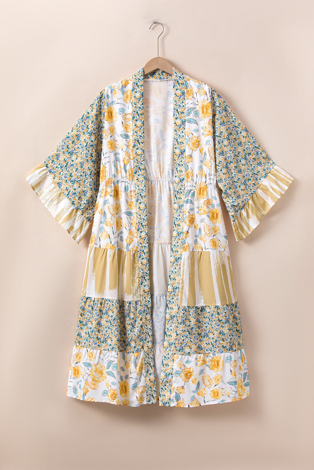 Kimono lungo con stampa floreale mista a maniche larghe multicolor
