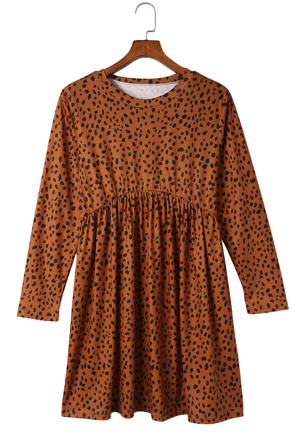 Braunes, langärmliges Babydoll-Kleid mit Leopardenmuster