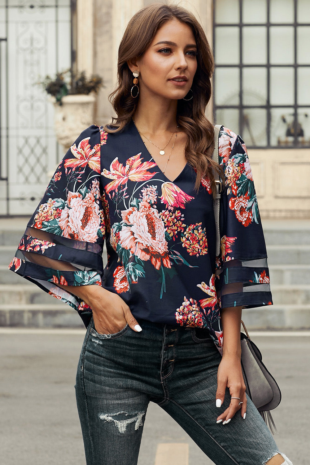 Red 3/4 Flared Sleeve Floral Blouse