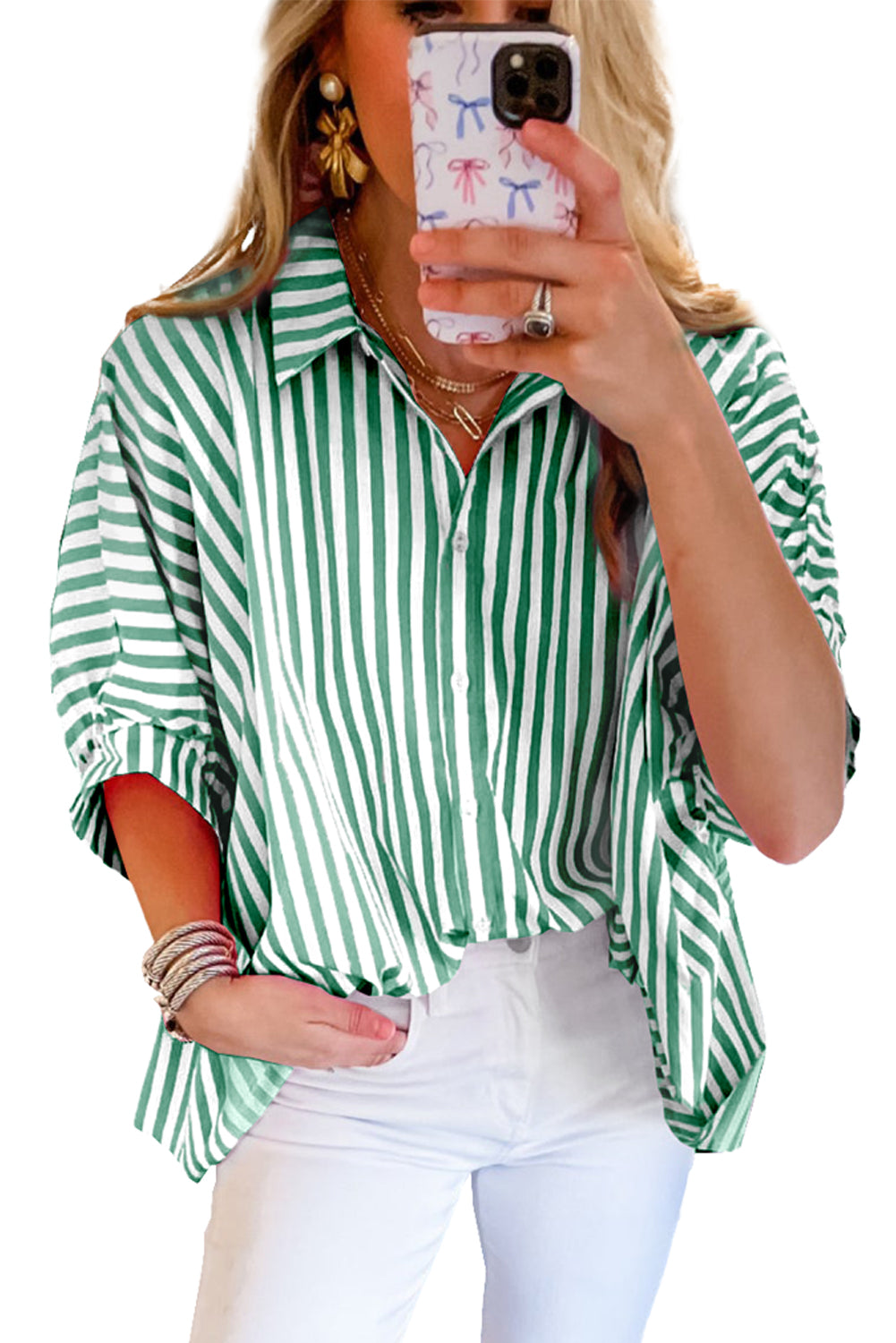 Oversize srajca z zelenimi črtastimi dolman rokavi