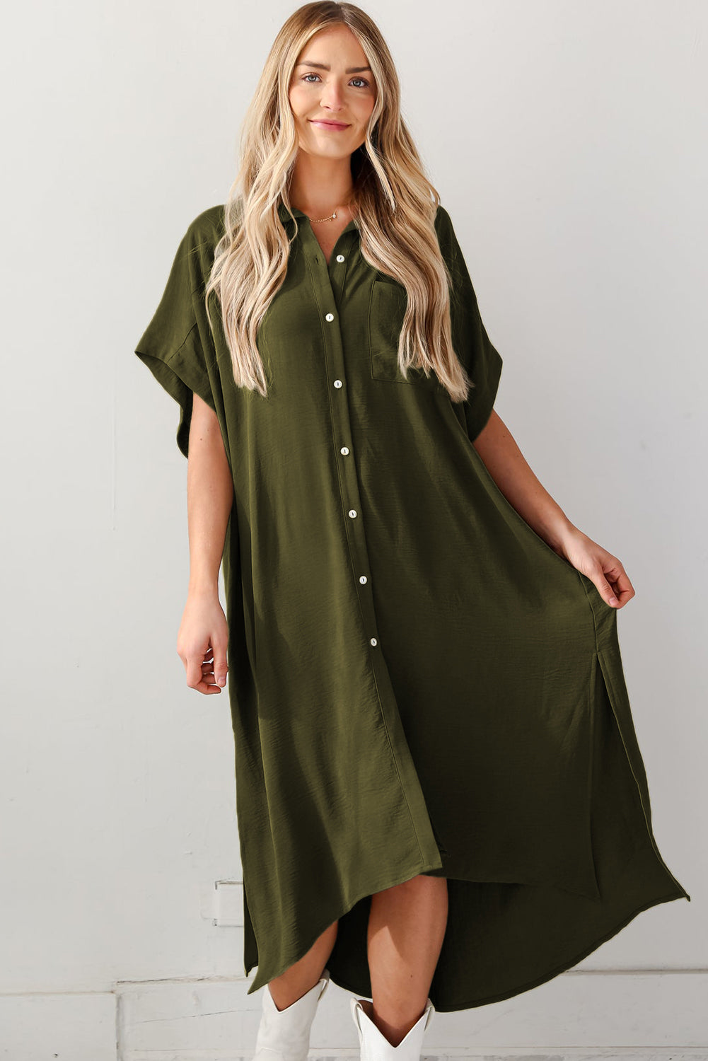 Jungle Green Loose High Low Side Slits Short Sleeve Shirt Dress