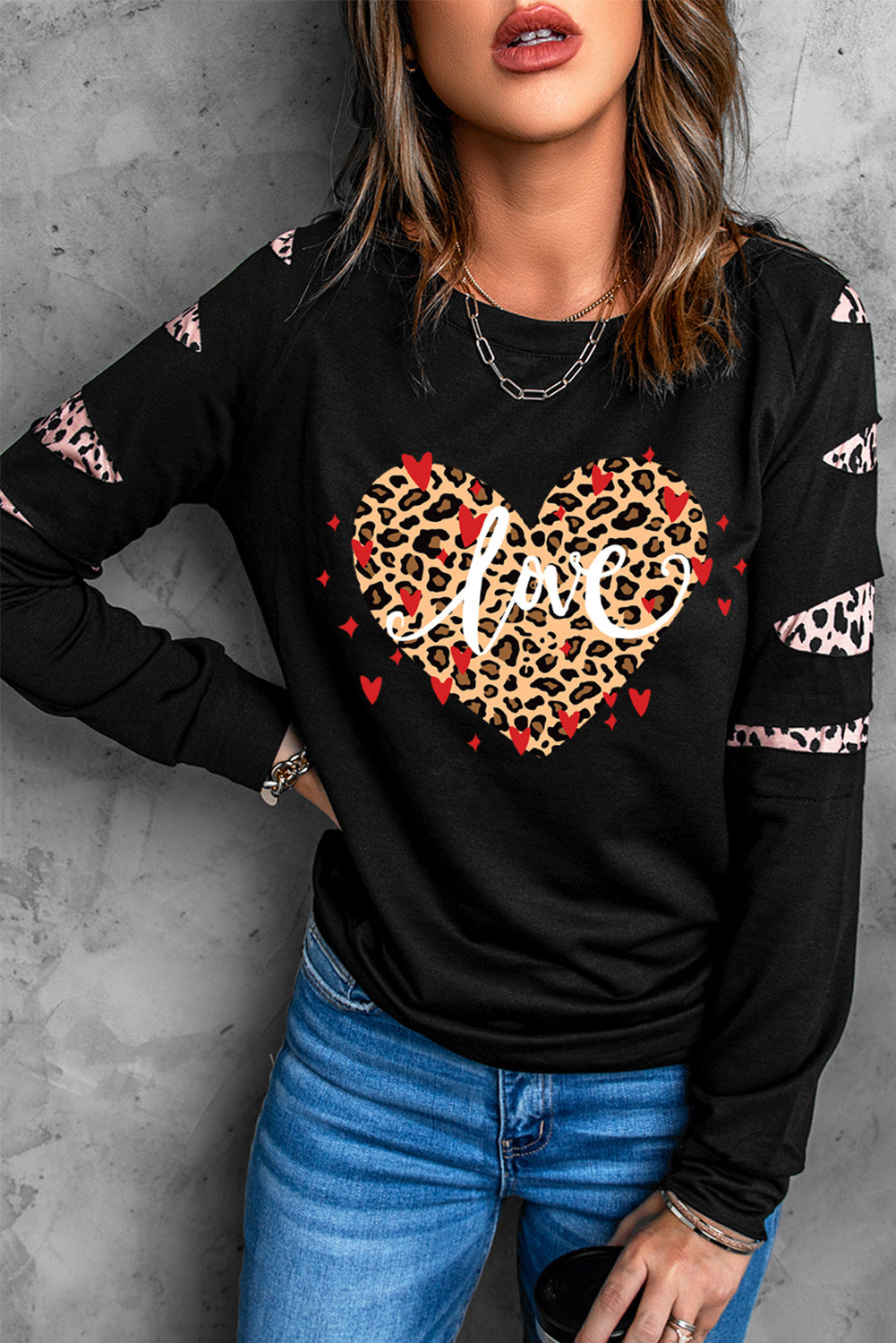 Love Leopard Heart Print Cut-out Long Sleeve Sweatshirt