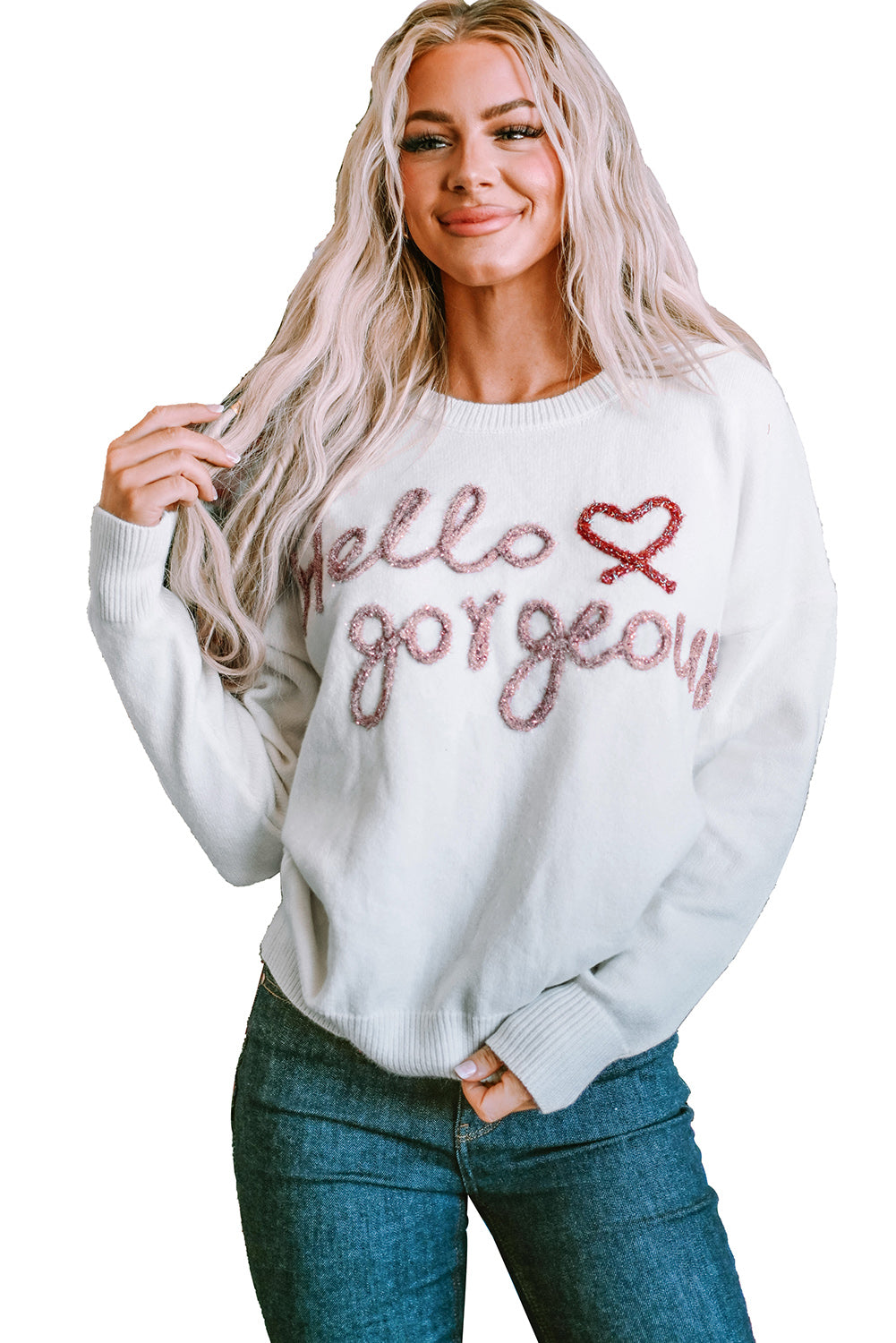 White Hello gorgeous Graphic Ribbed Trim Sweater