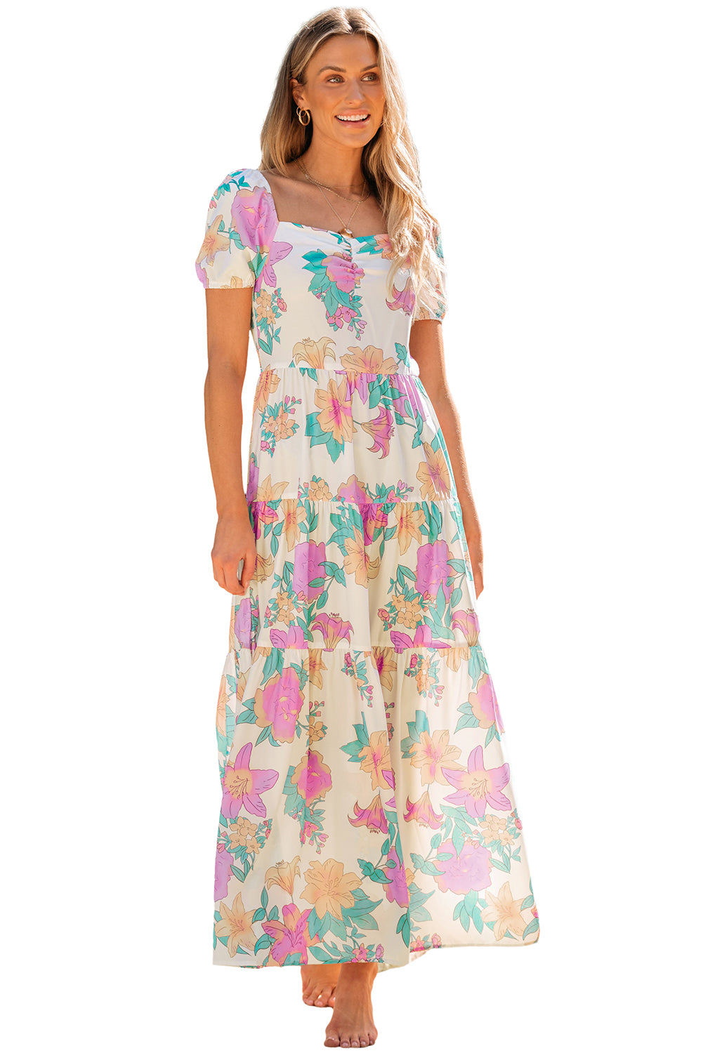 Višebojna cvjetna maksi haljina s puf rukavima s četvrtastim izrezom