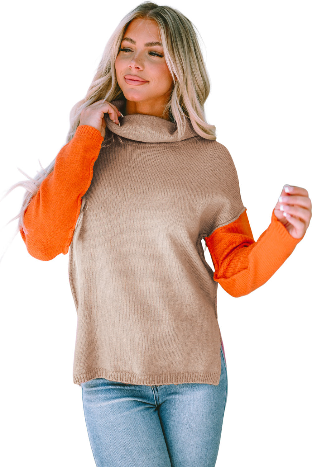 Pleten pulover z želvjim ovratnikom in padajočimi rameni iz glinene rdeče barve