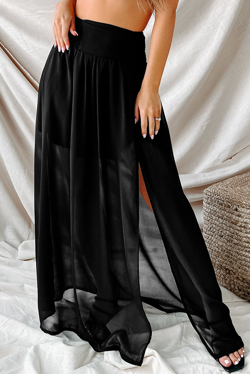 Crna maksi suknja za plažu od šifona visokog struka s rubovima